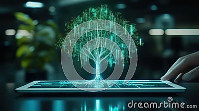 Futuristic digital tree hologram on tablet display in dark environment with hand interaction illuminating data streams Stock Photo