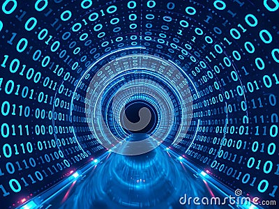 Futuristic Digital Tunnel with Glowing Binary Code and Red Light Trails Cartoon Illustration