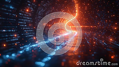 Futuristic Digital Tunnel with Glowing Lights and Binary Code Stock Photo