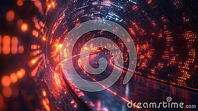 Futuristic Digital Tunnel with Glowing Red Binary Code Stock Photo