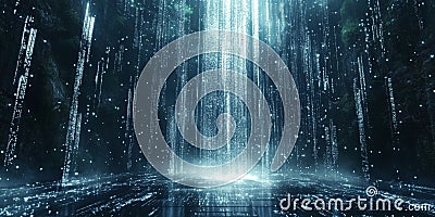 Futuristic Digital Waterfall with Cascading Light Particles and Abstract Data Representation Stock Photo