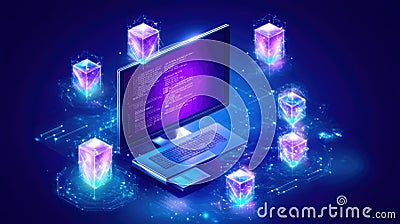 Futuristic digital world: computer with code surrounded by glowing blockchain cubes Stock Photo
