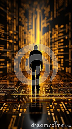 Futuristic display Black and yellow binary background adorned with symbols Stock Photo