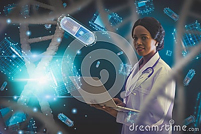 Futuristic doctor or scientist holding laptop computer analysis DNA structure molecule chain,medical,genetics,medicine,and cube, Stock Photo