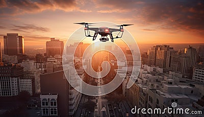 Futuristic drone captures city life at dusk generated by AI Stock Photo