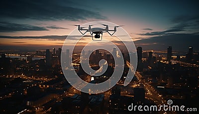 Futuristic drone hovers mid air, watching city life at dusk generated by AI Stock Photo