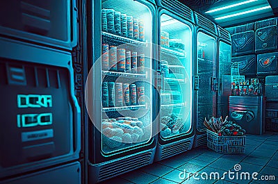 Futuristic dystopian shop interior with freezers and products, generative ai illustration Cartoon Illustration