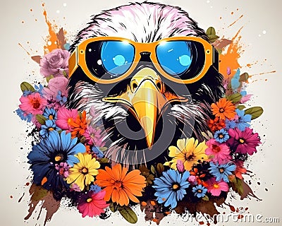 The Futuristic Eagle Bird Head has a flower and sunglasses on a clean background. Cartoon Illustration