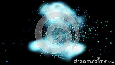 Futuristic effect of magnetic force field on clouds in space. Close-up of the cloud breaking up. 3D. 4K. Isolated black background Stock Photo