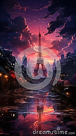 Futuristic Eiffel tower in amethyst cityscape. Created with Generative AI Stock Photo