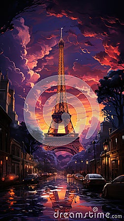 Futuristic Eiffel tower in amethyst cityscape. Created with Generative AI Stock Photo