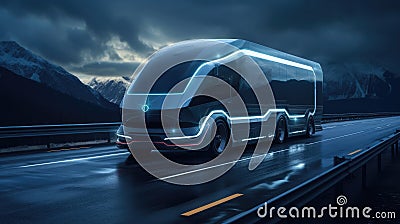 Futuristic electric autonomous truck on the mountains road, concept for future logistic transport Stock Photo