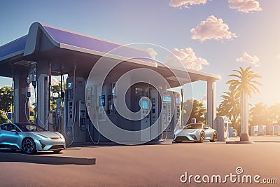 Futuristic electric car being charged on a large charging station, AI generated Stock Photo