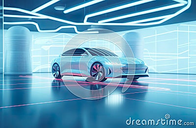 futuristic electric car concept and showroom, sci fi vehicle concept, luxury automobile, creative design, generative AI Stock Photo