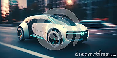 Futuristic electric car driving on urban highway road Stock Photo