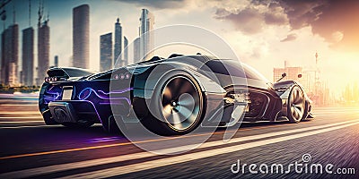 Futuristic electric car, super car driving on city highway road with motion blur Stock Photo