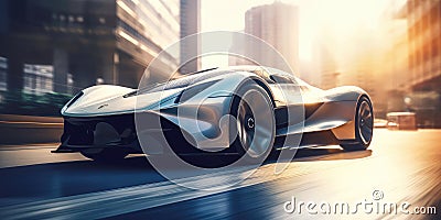 Futuristic electric car, super car driving on city highway road with motion blur Stock Photo