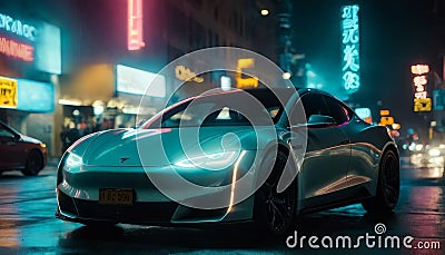 Futuristic electric car in vibrant city nightlife Stock Photo