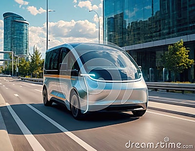 Futuristic electric cargo delivery minivan truck driving on city highway with full autonomous driving system parked at Stock Photo