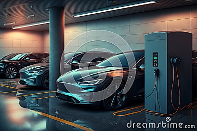 Futuristic Electric cars at the charging station in the supermarket public parking, Generative AI Stock Photo