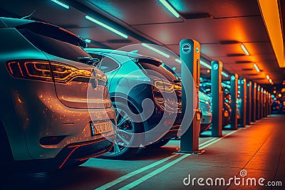 futuristic Electric cars at the charging station in the supermarket public parking, Generative AI Stock Photo