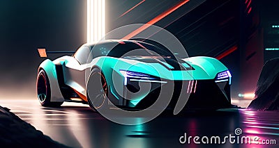 Futuristic electric racing car, cyberpunk, sci-fi. Ai generated Stock Photo