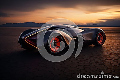 Futuristic electric sport car over dramatic sky of desert. Generative AI Stock Photo