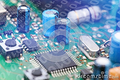 Futuristic electronic circuit board with binary code. Network and big data concept, elements of artificial intelligence. Stock Photo