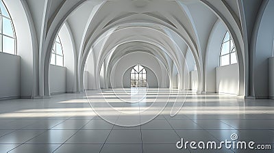 Futuristic Elegance: Serene White Archway Hall. Stock Photo