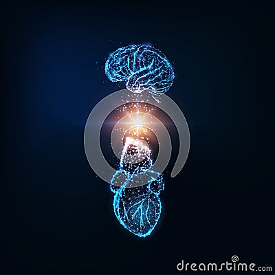 Futuristic emotional intelligence concept with glowing low polygonal human brain and heart Vector Illustration