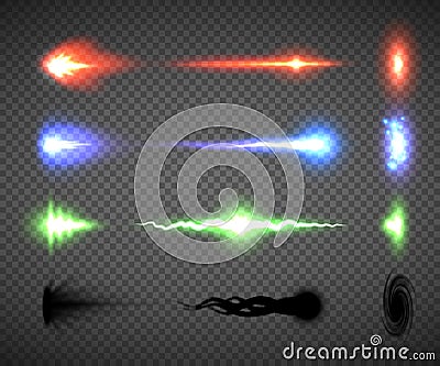 Futuristic energy weapon firing effect vectors, sci-fi or computer game graphics of weapon nozzle flash, projectile and hit Vector Illustration