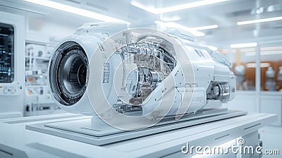 Futuristic engine prototype displayed in an advanced laboratory environment Stock Photo