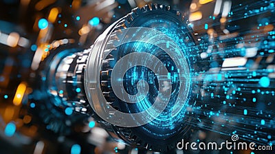 Futuristic engine rotating and generating digital data flow Stock Photo