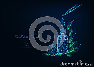 Futuristic essential oils therapy concept with pipette, bottle, oil drop, herbal leaves, lemon Vector Illustration