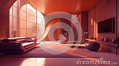 Bold Color Palette and Futuristic Design: Terracotta Orange and Mauve Purple Interior Stock Photo