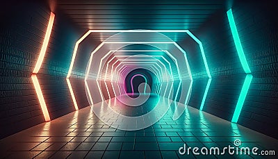 Futuristic Experience, Through a High-Tech Tunnel with Laser and Fluorescent Lighting, Generative AI Stock Photo