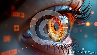 Futuristic eye scanner visualizes digital data network. Iris reflects advanced tech. Cyber security eyeball macro. Global Stock Photo