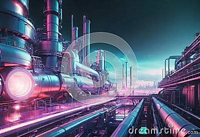 Futuristic factory of the future, Background with digital shapes, Future technologies Cartoon Illustration