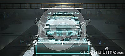 Futuristic factory or workshop with assembly robot arms and virtual interface Stock Photo