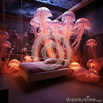Futuristic and fantastic interior of bedroom with jellyfish floating around. Dark room in evening in warm neon lights Stock Photo
