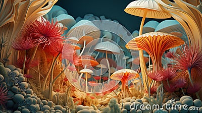 Futuristic fantasy floral composition of mushrooms, algae, flowers and other plants. Background with natural motif for design Stock Photo