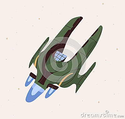 Futuristic fantasy spacecraft flying in outer space. Flight of intergalactic spaceship. Spaceflight of cosmic shuttle Vector Illustration