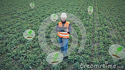 Futuristic farmer engineer inspect the land Crops growing efficiency. Graphics Stock Photo