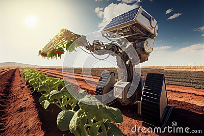 Futuristic farming machines, automated and solar powered robots in agriculture industry. Generative AI Stock Photo