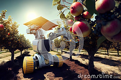 Futuristic farming machines and solar powered robots working in orchand. Generative AI Stock Photo