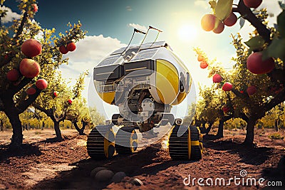 Futuristic farming machines and solar powered robots working in orchand. Generative AI Stock Photo