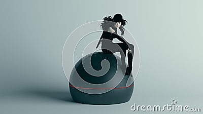 Futuristic Female Assassin Character in Pure Black Bodysuit and Black Hair with Alien Geo Sphere AI Super Computer Droid Cartoon Illustration