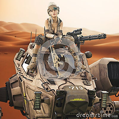 Futuristic Female soldier sitting on top of her piloted Mech robot machine. Stock Photo