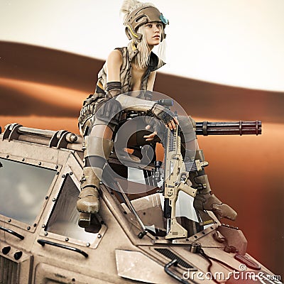 Futuristic Female soldier sitting on top of her piloted Mech robot machine. Stock Photo