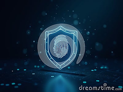 Digital Shield With Fingerprint Scan Floating Over Binary Code Online Security Background Stock Photo